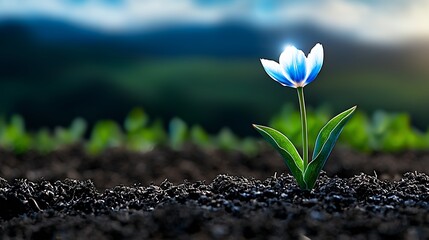Glowing Blue Flower Emerging from Dark Soil