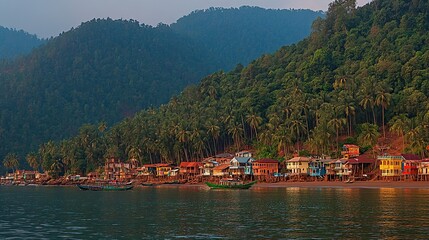Naklejka premium Coastal village sunrise, boats, tropical hills, tranquil waters, tourism