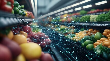 Digital Grocery Store Aisle Featu Fresh Produce Showcased with Glowing Blue Lines Illustrating the Concept of Data-Driven Supply Chain Management