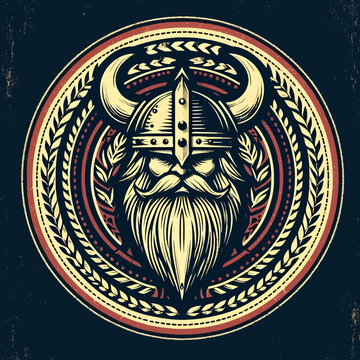 Ilustraci&oacute;n de vikingos en estilo vintage grunge, dise&ntilde;ada como emblema en gr&aacute;ficos vectoriales EPS10, combina la textura &aacute;spera de la antig&uuml;edad con l&iacute;neas n&iacute;tidas, creando una poderosa imagen de gue