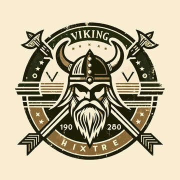 Ilustraci&oacute;n de vikingos en estilo vintage grunge, dise&ntilde;ada como emblema en gr&aacute;ficos vectoriales EPS10, combina la textura &aacute;spera de la antig&uuml;edad con l&iacute;neas n&iacute;tidas, creando una poderosa imagen de gue