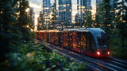 A modern electric train with dynamic data patterns speeds through a lush forest landscape towards a glowing cityscape backdrop at twilight hours