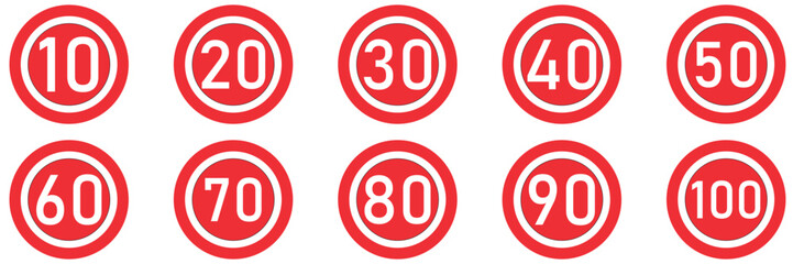 Obraz premium Speed limit highway sign vector collection. Set of generic speed limit signs with black number and red circle. Vector illustration