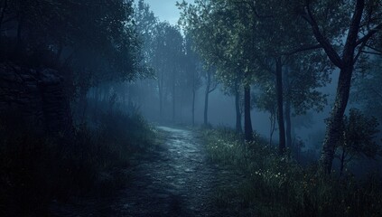 Misty, dark forest path at twilight