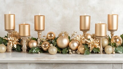 A decorative display of candles ornaments and floral arrangements