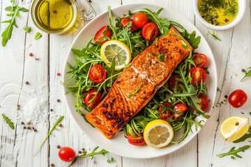 Grilled salmon on fresh arugula with cherry tomatoes and lemon slices on rustic wooden table