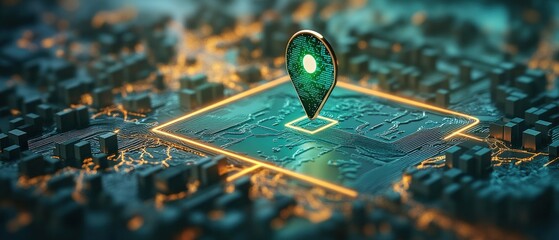 A glowing teal location pin atop a luminous orange square set against a futuristic detailed circuit board with intricate electronic pathways and designs