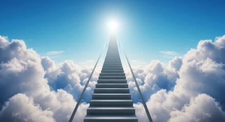 Fototapeta premium A surreal depiction of a staircase ascending into the clouds under a radiant blue sky