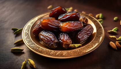 Dates, Khajoor – A luxurious setting featuring premium Indian dates elegantly placed on an ornate brass plate, with a drizzle of honey and a side of cardamom pods
