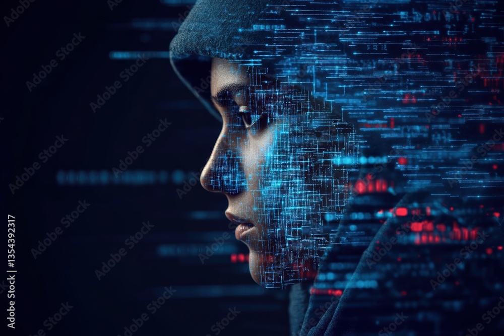 Poster hacker safeguards personal data through advanced cyber security techniques in modern setting