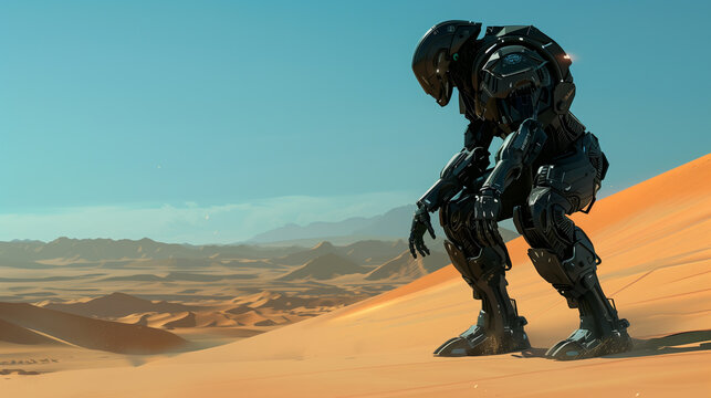 A sleek, black mech suit poised in a ready stance in the middle of a vast desert with sand dunes stretching into the distance.