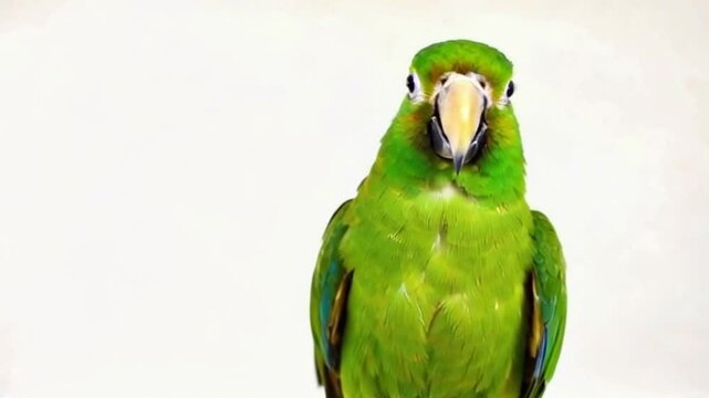 Small Green Parrot Perched Elegantly Against Solid White Background