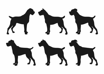 A set of simple black silhouettes of different dog breeds, presented in profile view.