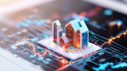Digital rende of miniature cityscape on circuit board with dynamic data visualizations illustrating market trends and technological infrastructure elements