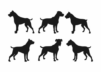 A set of simple black silhouettes of different dog breeds, presented in profile view.