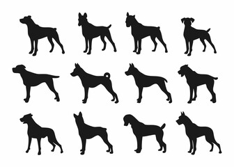 A set of simple black silhouettes of different dog breeds, presented in profile view.