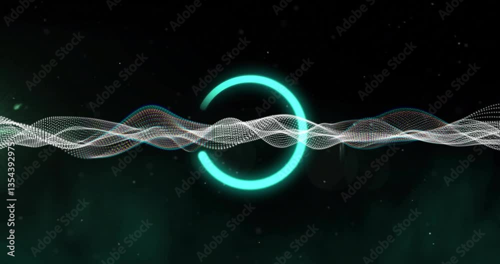 Poster animation of glowing circle and dynamic wave pattern on dark background