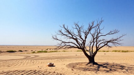 view of a tree in dry land without any leaves in hot weather