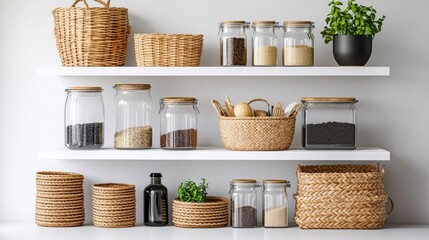 Well-arranged kitchen shelf with baskets and jars for efficient storage and easy access to everyday cooking essentials