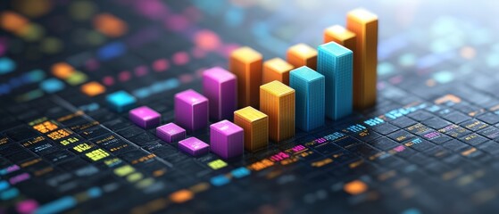 Colorful 3D Bar Graph Rising Upward Displaying Complex Data Points on Dark Background for Data Visualization and Business Analytics Purpose