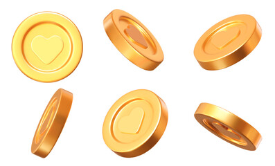 3d set of golden coins with heart, different angles. Stock vector illustration on isolated background.