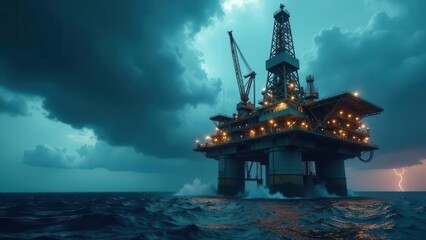 Obraz premium Offshore Drilling Platform Braving a Turbulent Seascape Under a Dramatic Stormy Sky