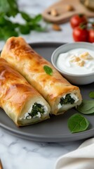 Delicious Albanian brek filled with spinach and feta, served with yogurt, presented in natural light with Mediterranean decor for a fresh, inviting look