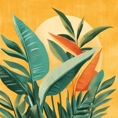 Modern digital illustration of tropical plants, bold greens and vivid oranges, warm golden background, clean textures, symmetrical layout, with a lively cheerful tropical theme. © Igor