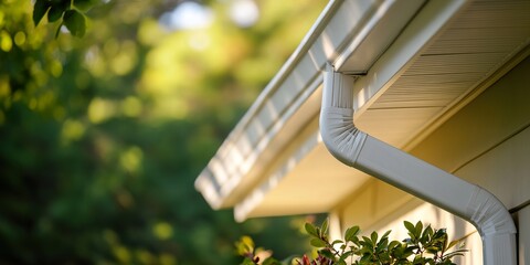 White Vinyl Downspout: Modern Gutter System, Home Exterior Design, Rainwater Management Solution
