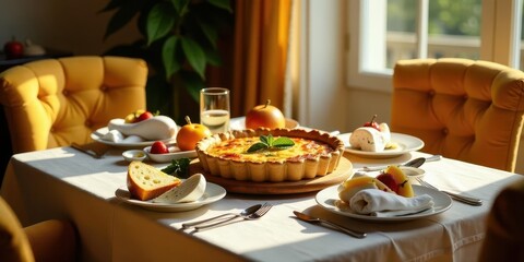 A sunlit table setting features a delicious fruit tart, fresh bread, and a selection of fruits, creating a charming and inviting atmosphere for a delightful meal.