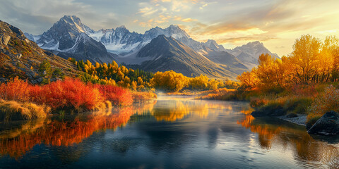 Obraz premium Mountain valley at autumn dawn with river, mist, and golden forests