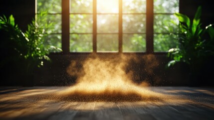 Fototapeta premium Sunlight streaming through a window illuminating dust particles floating gracefully in a calm indoor environment