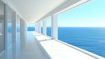 Fototapeta premium Modern white hallway with an ocean view on the horizon