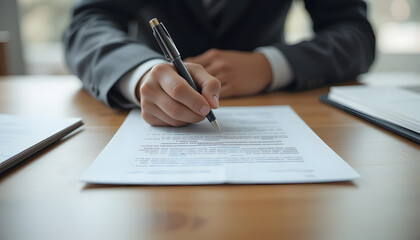 businessman signing contract. Man in a suit  signing agreement using pen. Close up hand signing contract