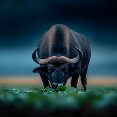 Naklejka premium Large african buffalo grazing in green field at dusk