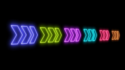 Neon arrow icon. Abstract direction neon arrow. Neon colorful arrow sign on black background.