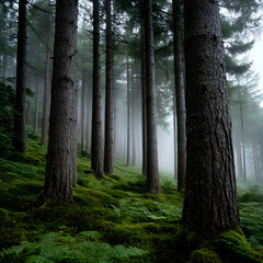 Obraz premium Fog entering coniferous forest on mossy hillside