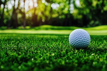 Obraz premium Close-up golf ball on green grass at a golf course showcasing a tranquil and bright atmosphere