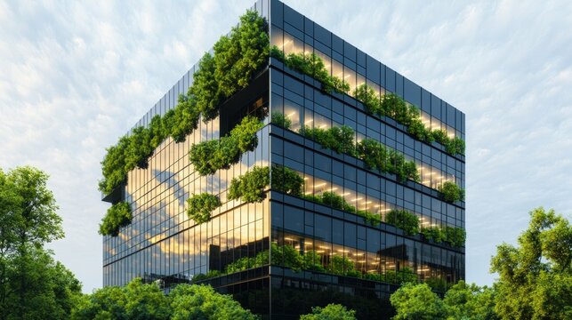 Sleek corporate glass building reflecting surrounding greenery under clear blue sky in a modern urban setting