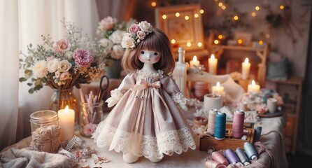 Fototapeta premium Cute doll in elegant dress surrounded by flowers and candles 