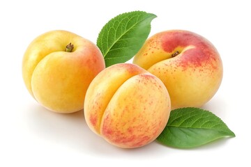 Three fresh apricots with leaves isolated on white background