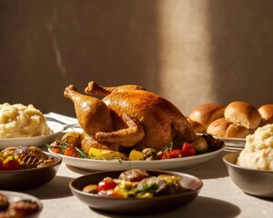 amily-style table spread, featuring a roast chicken centerpiece surrounded by mashed potatoes, grilled vegetables, and bread rolls