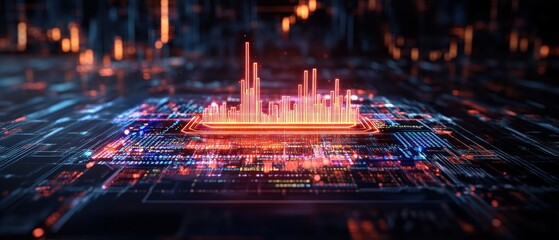 Abstract digital rende featu a glowing orange cityscape data visualization integrated into a complex microchip circuit board backdrop design.