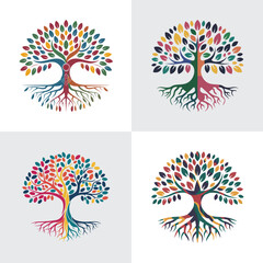 Colorful tree illustration with roots, branches and leaves
