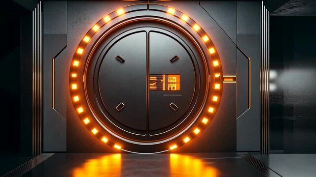 Closed futuristic vault door with orange lighting in a sleek metallic corridor