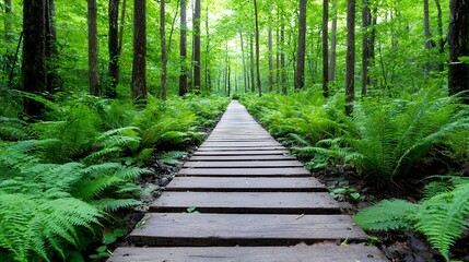 Wooden Path Through Lush Green Forest with Ferns and Trees