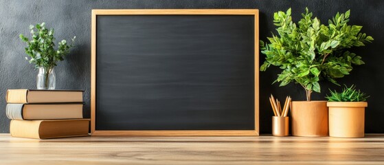 A large blank chalkboard flanked by potted plants and a stack of books on a light wood surface against a contrasting dark background ambiance.