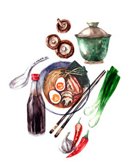 Hand drawn watercolor food illustration. Asian cuisine dishes. Ramen soup with soy sauce and ingredients.