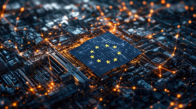 Close-up of a high-tech circuit board featu the European Union flag on a microchip surrounded by bright nodes and digital connectivity elements - Powered by Adobe