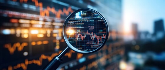 A magnifying glass highlights a financial chart on a screen with a blurred cityscape background featu stock market data for investment analysis purposes